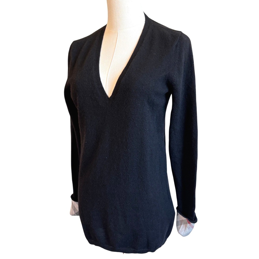 Burberry Black 100% Cashmere V Neck Sweater Nova Check Cuff Womens XL